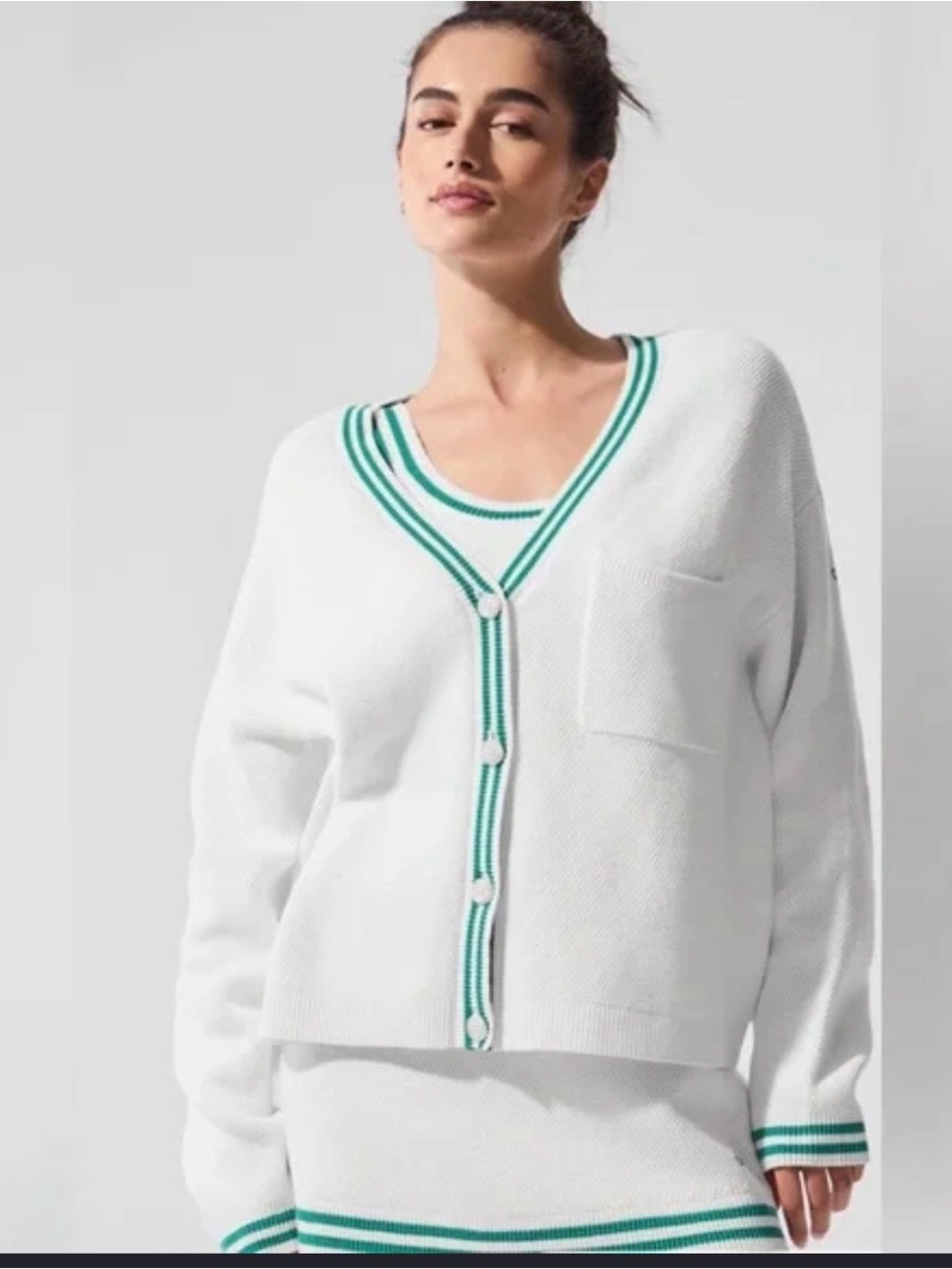 90s Tennis Prep Cardigan & Tank Set White Green Blue Cotton XL Fits L